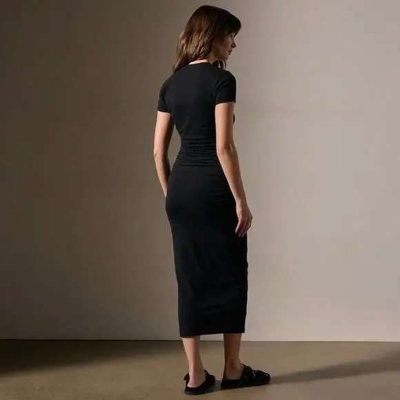 James Perse Black Ruched T-Shirt Midi Dress Women’s Size Large 3 Cotton Stretch - Picture 8 of 16